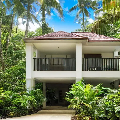 Image similar to 2000sf two level house,wrap around balconies, rock front yard, in a tropical rainforest,photorealistic,8k, XF IQ4, 150MP, 50mm, F1.4, ISO 200, 1/160s, natural light