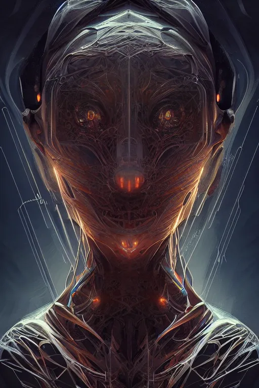 Image similar to professional concept art symmetrical portrait of a horrendous mechanical predatory fractal! species in a dark room by artgerm and greg rutkowski. an intricate, elegant, highly detailed digital painting, concept art, smooth, sharp focus, illustration, in the style of cam sykes.