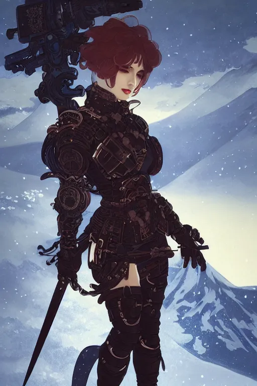 Image similar to portrait ninja gaiden girl, armored dieselpunk wardrobe, at snowy fuji mountain moonlight, fantasy, intricate and very beautiful and elegant, highly detailed, digital painting, artstation, concept art, smooth and sharp focus, cg by tian zi and wlop and alphonse mucha