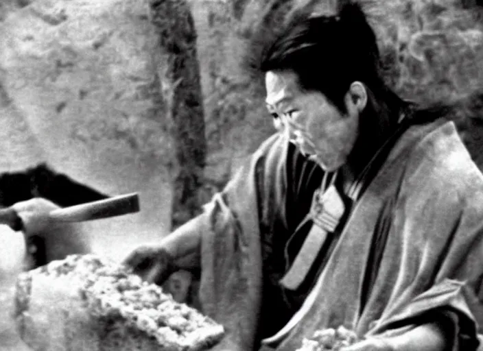 Image similar to a movie still of a samurai slicing through a loaf of bread by Akira Kurosawa