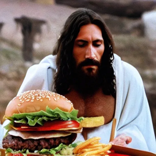 Image similar to jesus of nazareth eating at burger king