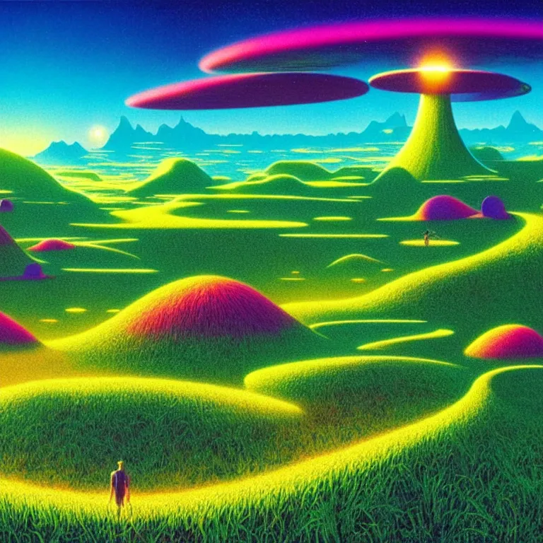 Prompt: shimmering molecules hovering over lush landscape, infinite crystal ascent, synthwave, bright neon colors, highly detailed, cinematic, panoramic, tim white, michael whelan, roger dean, bob eggleton, lisa frank, vladimir kush, kubrick, kimura, isono