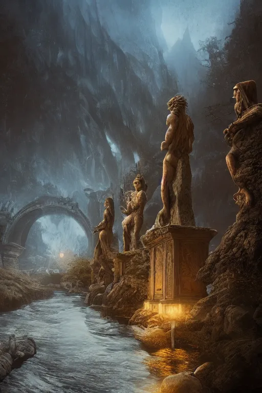 Image similar to River Anduin Arganoth statues in the evening, detailed matte painting, cinematic, Alan Lee, Artstation