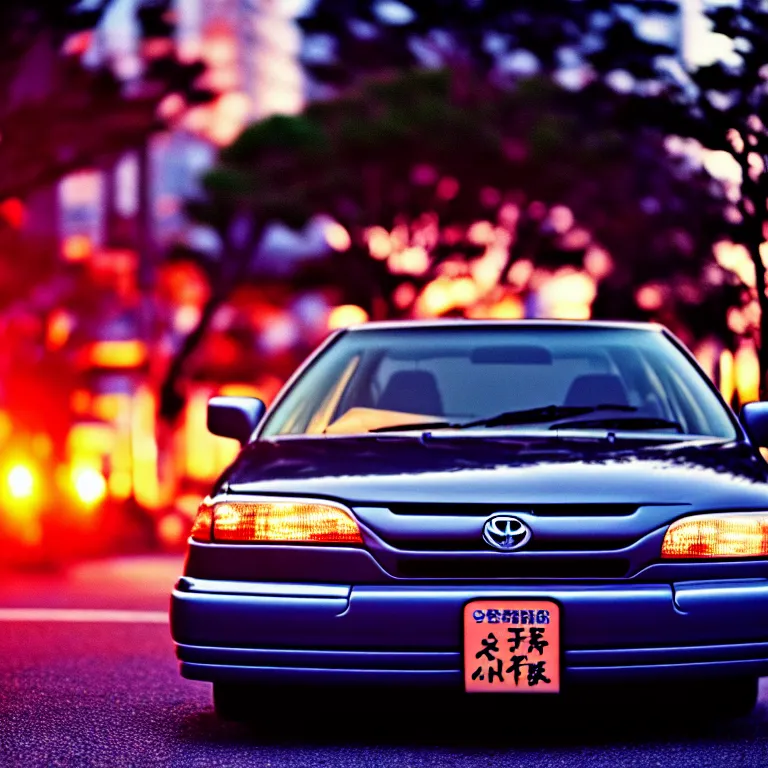 Image similar to close-up-photo 1997 TOYOTA CAMRY middle of street, sunset kanagawa prefecture, night, cinematic color, photorealistic, highly detailed,