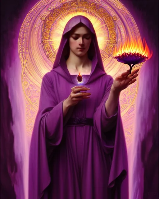 Image similar to saint germain holding a violet flame, fire that is violet colored, intricate, elegant, highly detailed, digital painting, artstation, concept art, smooth, sharp focus, illustration, art by artgerm and greg rutkowski and fra angelico and alphons mucha