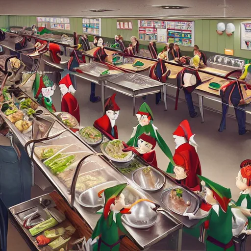 Prompt: an elf a school canteen at checkout, rows of canteen in background, american canteen, school, digital illustration, highly detailed, trending on ArtStation, unexpected