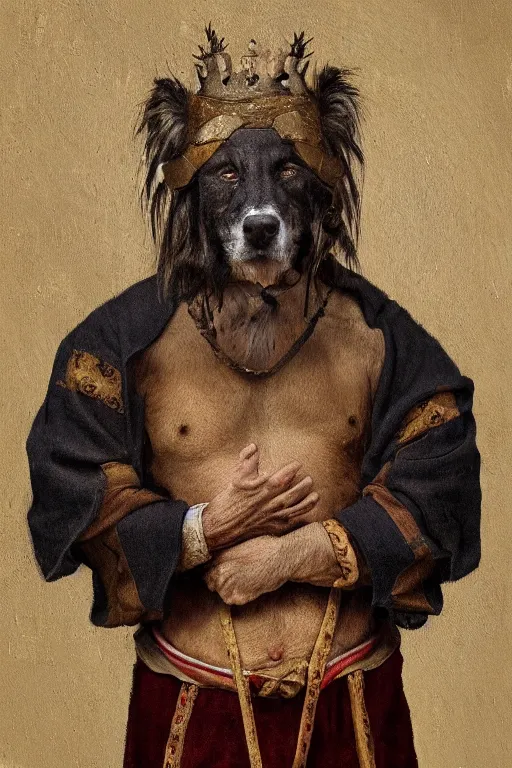 Image similar to Slavic dog head man, woolen torso in medieval clothes, Saint Christopher, oil painting, hyperrealism, beautiful, high resolution, trending on artstation,