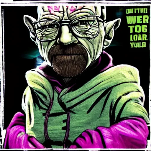 Image similar to Walter white as Yoda, punk rock, retro futuristic