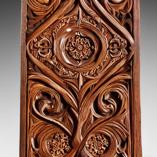 Prompt: Anglo-Saxon, intricate wood carving, colour stained, rich woodgrain, lacquer finish