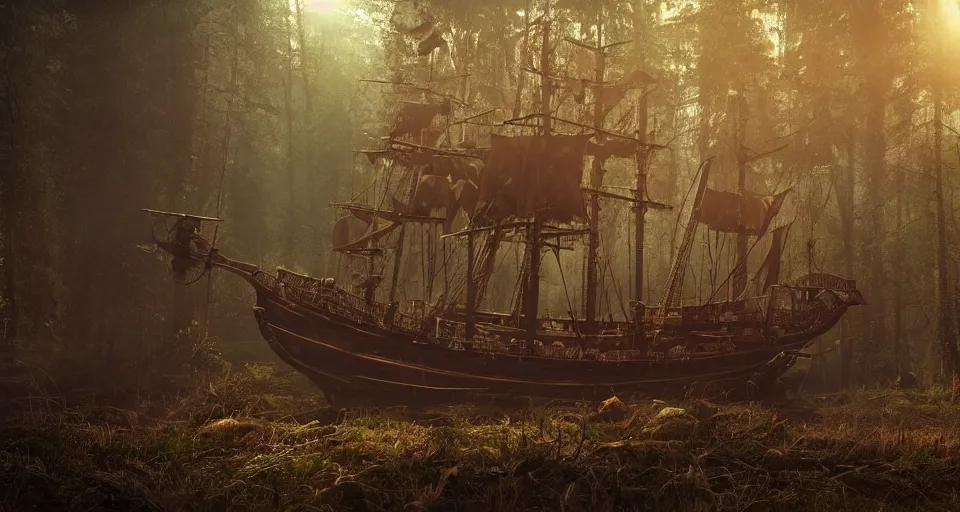 Image similar to a pirate ship in the middle of a forest, atmospheric lighting, realistic