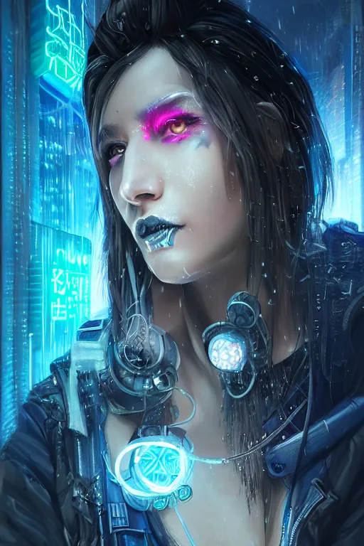 Image similar to portrait futuristic genuine cyberpunk female Witch Doctor, in futuristic stormy heavy snowy thunder tokyo rooftop Enchantment cyberpunk night, ssci-fi, fantasy, intricate, very very beautiful, elegant, neon light, highly detailed, digital painting, artstation, concept art, soft light, hdri, smooth, sharp focus, illustration, art by tian zi and craig mullins and WLOP and alphonse mucha