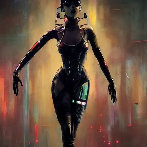 Image similar to beautiful illustration of a cyberpunk android ballerina, painting by Raymond Swanland, sci-fi cybernetics, art deco, synthwave hq