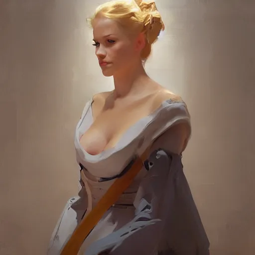 Image similar to portrait of a beautiful finnish norwegian swedish scandinavian attractive glamour model wearing 1 7 th century french off - the - shoulder neckline bodice with low neckline, jodhpurs greg manchess painting by sargent and leyendecker, studio ghibli fantasy medium shot asymmetrical intricate elegant matte painting illustration hearthstone, by greg rutkowski by greg tocchini by james gilleard