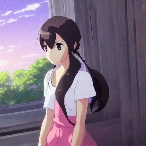 Image similar to a girl with a pink double ponytail, by makoto shinkai