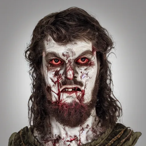 Image similar to head and shoulders photo portrait of a male medieval villager zombie, d & d