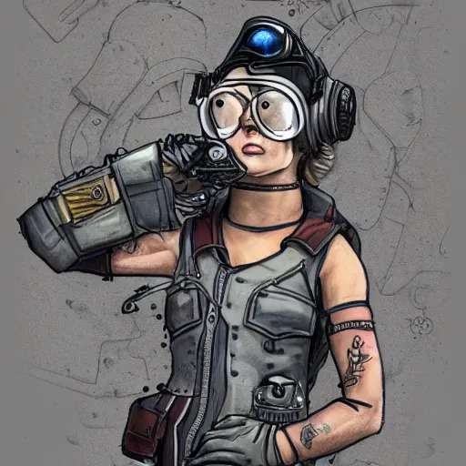 Image similar to highly detailed character concept art of stoic heroic emotionless square-jawed butch blonde tattooed woman engineer looking to side, wearing steampunk goggles and dirty ripped flight suit, on primitive planet, portrait, illustration, pulp sci fi, science fiction