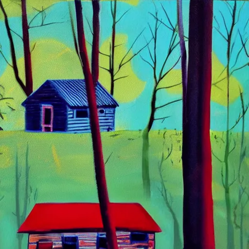 Image similar to a painting of a eerie cabin in the middle of the woods in the style of andy warhol