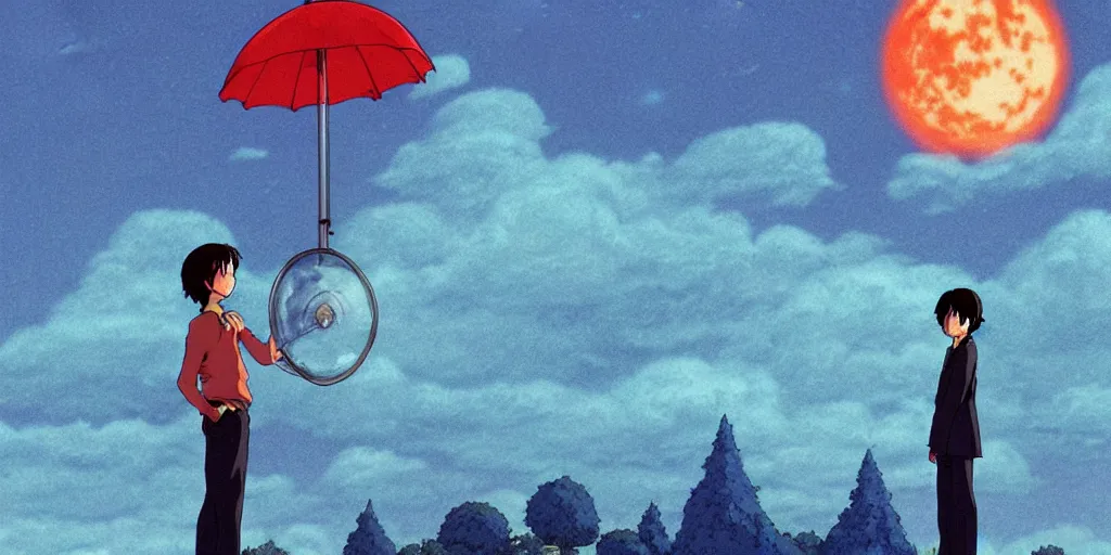 Image similar to a realistic cell - shaded studio ghibli concept art from paprika ( 2 0 0 6 ) of a man with an umbrella standing on a floating cube from close encounters of the third kind ( 1 9 7 7 ) on a misty starry night. very dull colors, hd, 4 k, hq