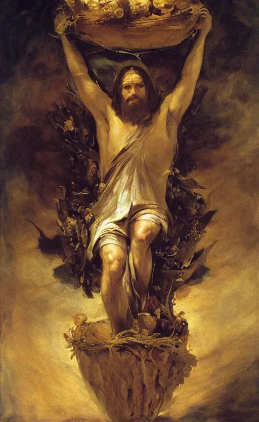 Image similar to jesus christ wearing blindfold!!!!! holding cornucopia!!!!!!! sitting on a huge!!!! throne of entwined bodies, elegant, ominous, highly detailed painting by goya!!! phil hale!! gaston bussiere, craig mullins, j. c. leyendecker, 8 k, mid shot