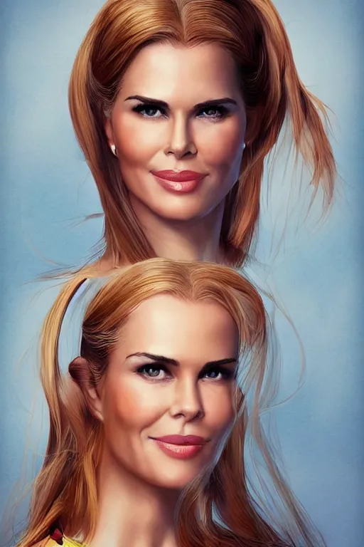 Image similar to portrait of a mix of beautiful young maria shriver, mariel hemmingway, brooke shields, nicole kidman and elle macpherson as an exercise gym girl, thin lips, hair tied up in a pony tail, colorful artstation, cgsociety