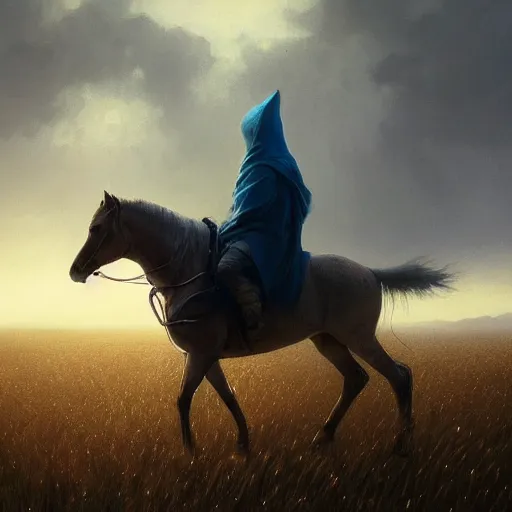 Prompt: cinematic shot epic portrait an hooded man riding a horse in middle of wheat fields, sunny, cloudy, broad light, ambient occlusion, volumetric light effect, made by ivan aivazovsky, peter mohrbacher, greg rutkowski, matte painting, trending on artstation, 4 k, perfectly defined features, digital painting, cinematic, epic, highly detailed,