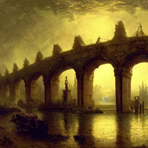 Prompt: painting of a scifi ancient civilzation victorian, brutalist bridge, andreas achenbach