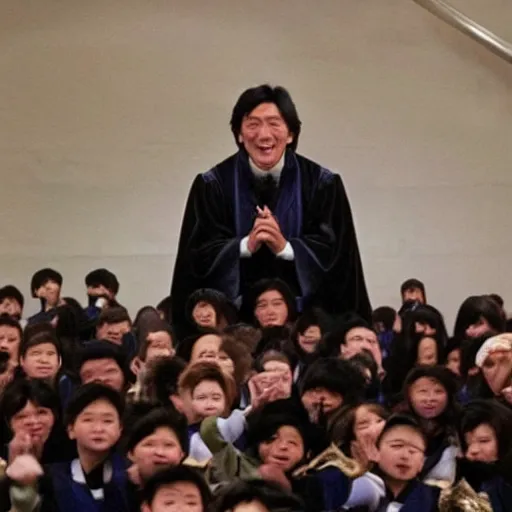 Prompt: Jackie Chan as Dumbledore giving a speech to the students