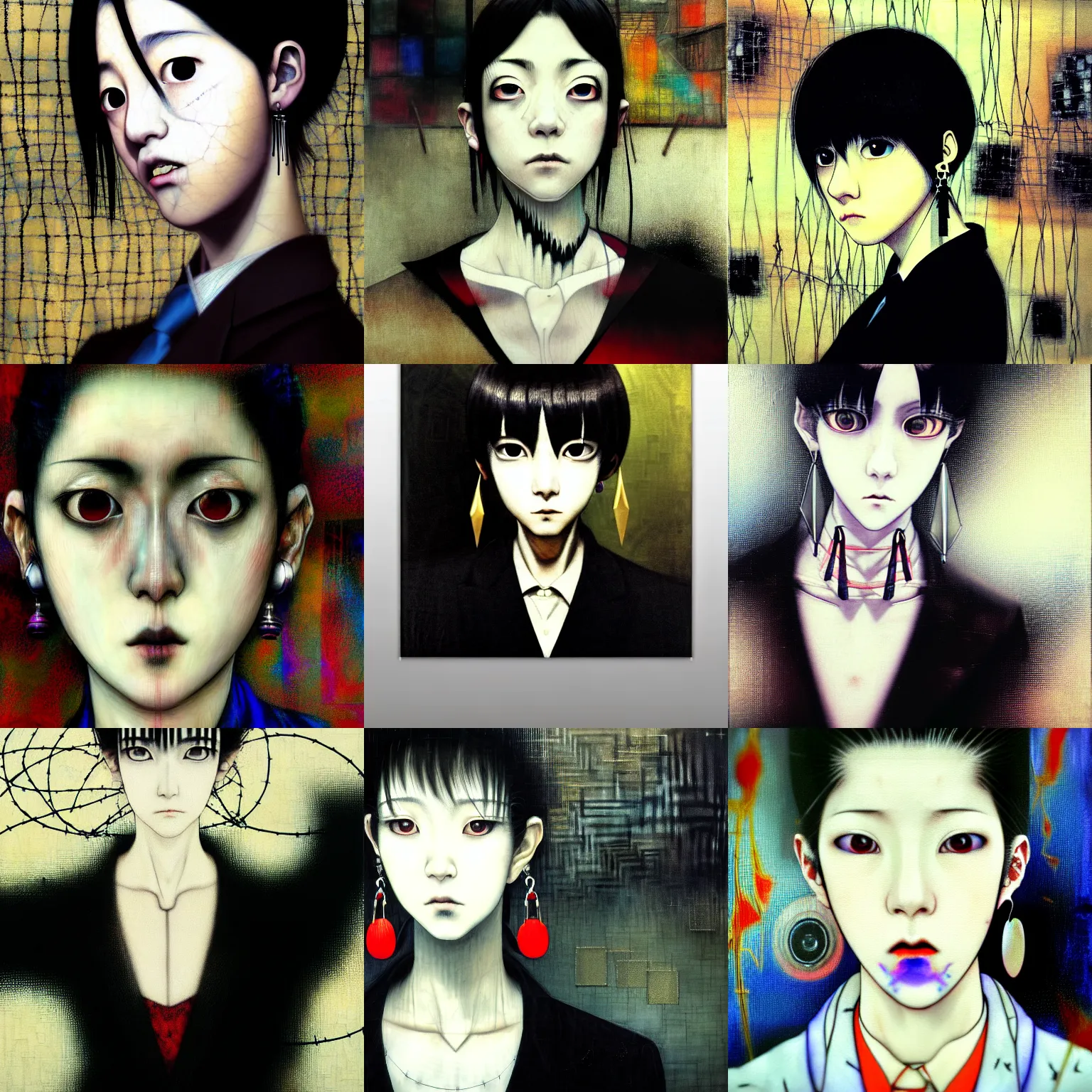 Prompt: yoshitaka amano blurred and dreamy realistic three quarter angle portrait of a sinister young woman with short hair, big earrings, barbed wire and black eyes wearing office suit with tie, junji ito abstract patterns in the background, satoshi kon anime, noisy film grain effect, highly detailed, renaissance oil painting, weird portrait angle, blurred lost edges