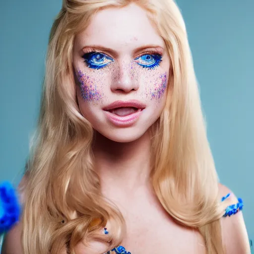 Image similar to close up headshot of a princess with long blonde hair and blue eyes wearing a strapless elaborately beaded pink dress, high resolution film still, 8k, HDR color, film by Simon Langton and David Frankel, triangular face, freckles, round narrow chin