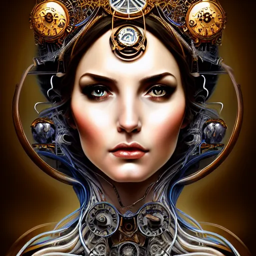 Prompt: portrait of the Goddess of Wisdom, elegant, intricate, steampunk, full frontal shot, highly detailed, digital painting, artstation, concept art, sharp focus, illustration, art by artgerm and H.R. Giger