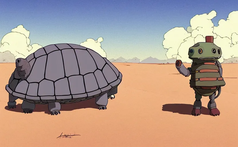 Prompt: a study of cell shaded cartoon of a grey mechanized turtle from howl's moving castle ( 2 0 0 4 ) on a desert road, full body, wide shot, muted colors, post grunge, studio ghibli, laurie greasley, highly detailed, deviantart, art by artgem