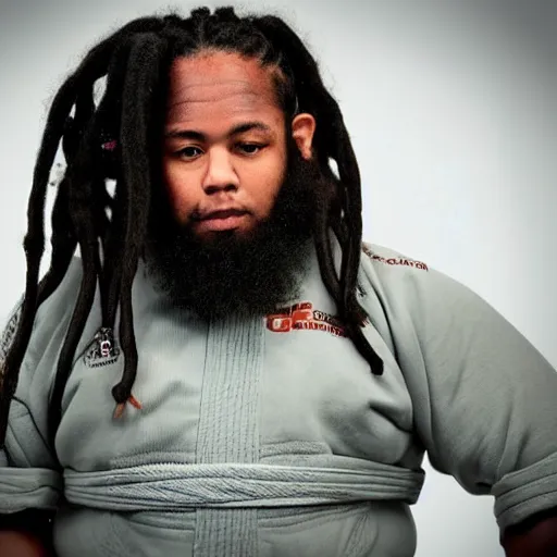 Image similar to photo of chubby black bjj athlete with long dreads posing, serious face