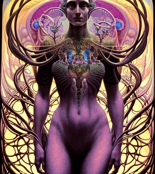 Image similar to detailed realistic beautiful young fully clothed groovypunk queen of andromeda galaxy. art nouveau, symbolist, visionary, baroque, giant fractal details. horizontal symmetry by zdzisław beksinski, iris van herpen, raymond swanland and alphonse mucha. highly detailed, hyper - real, beautiful