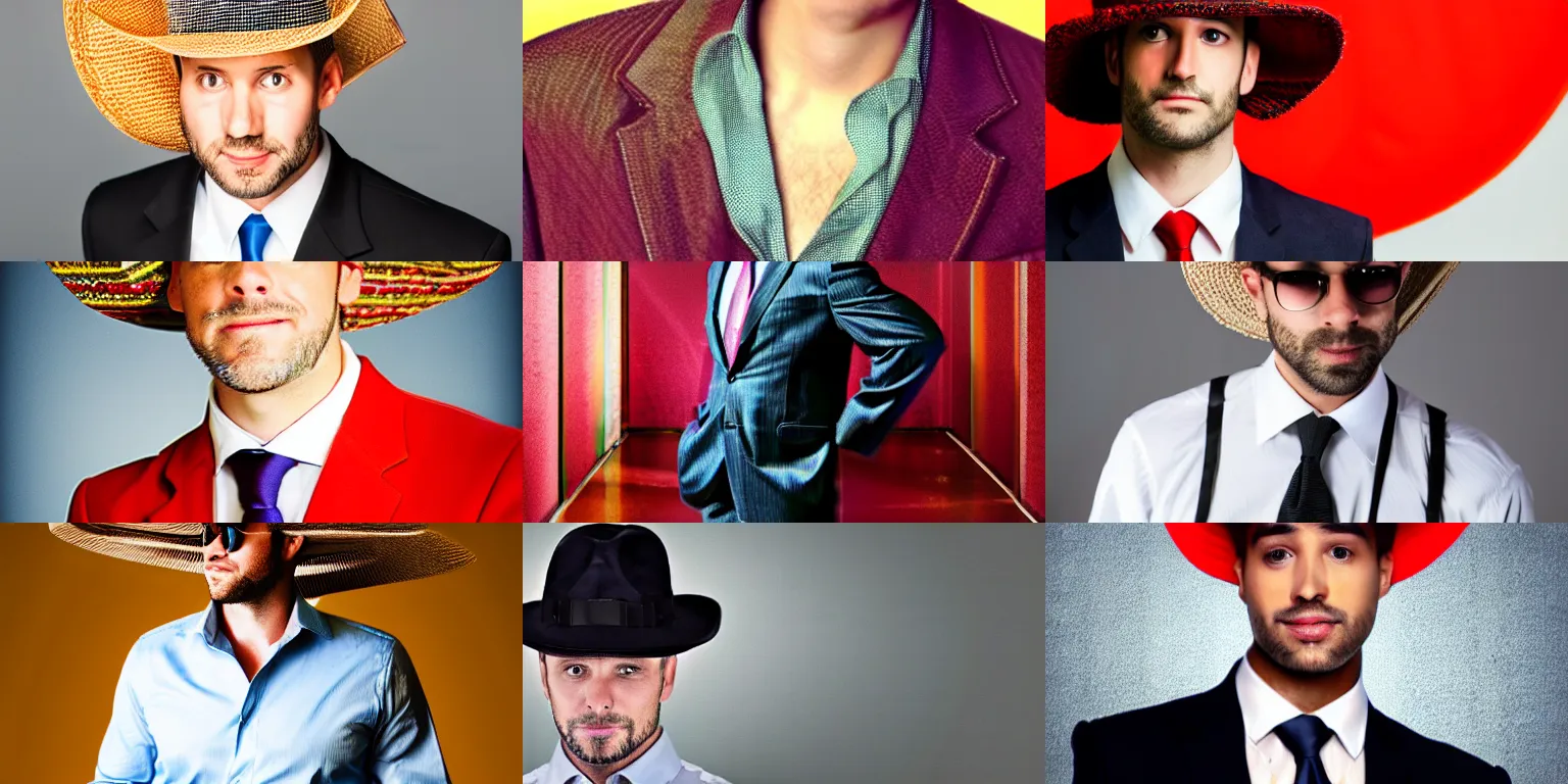 Prompt: glamour shot of a businessman wearing an exotic hat, masterpiece