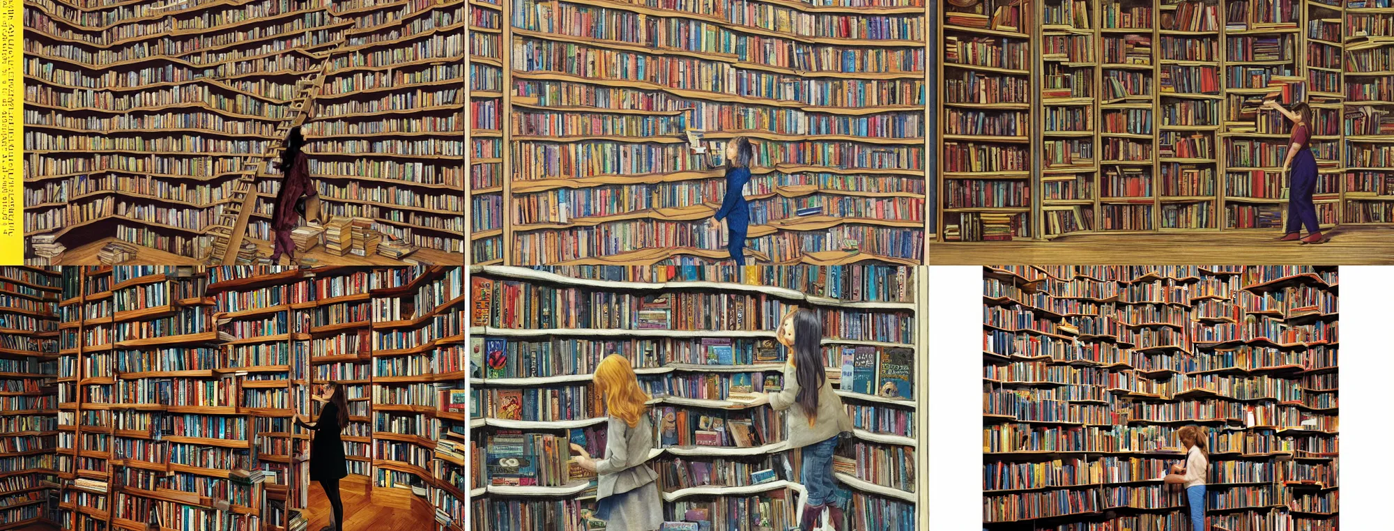 Prompt: she stepped in and counted bookshelves until she found the book she wanted , a collection of tales , 8k, ultra-hd, full page scan, hyperrealism,