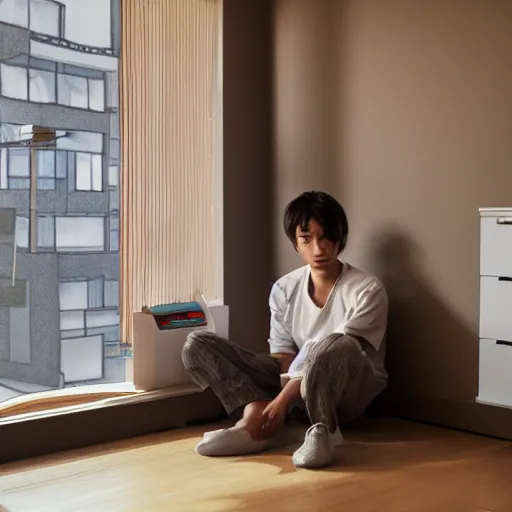Image similar to small room in tokyo, window open, dawn, young man sitting at computer, walls covered with anime posters, lots of appliances on shelves, small bed not made, photo realism, poster art, hyper details, soft light, soft shadows, blurred photo