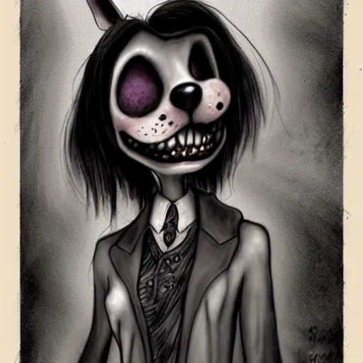 Image similar to grunge cartoon drawing of a cute dog by - michael karcz , in the style of corpse bride, loony toons style, horror themed, detailed, elegant, intricate