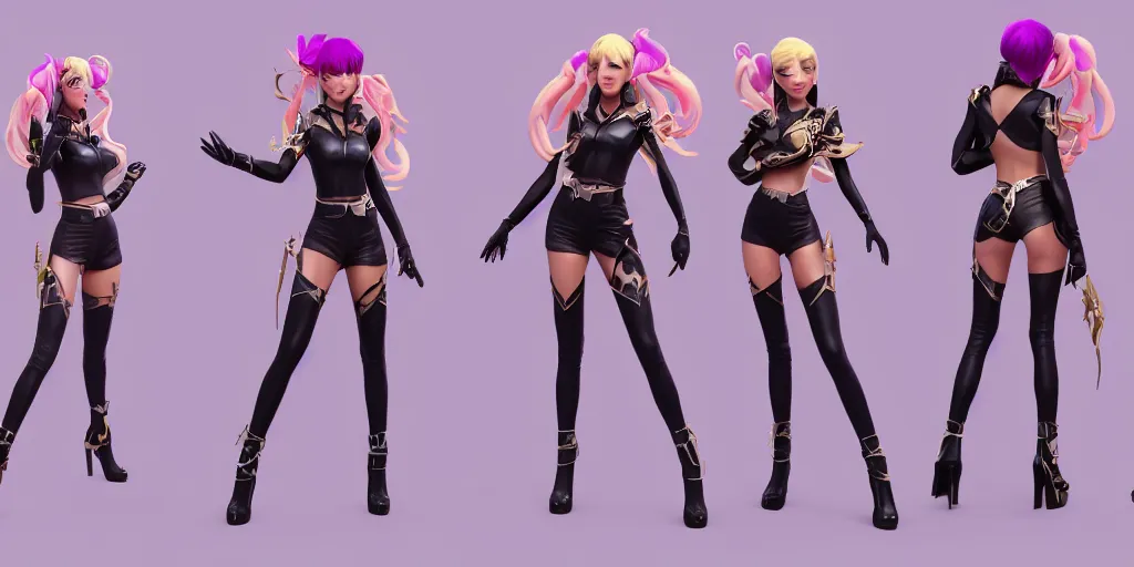 Image similar to character sheet of beautiful KDA Lux (wild rift). 3d render, octane render, realistic, highly detailed, trending on artstation, 4k, trending on artstation, unreal engine 5, trending on artstation, kpop