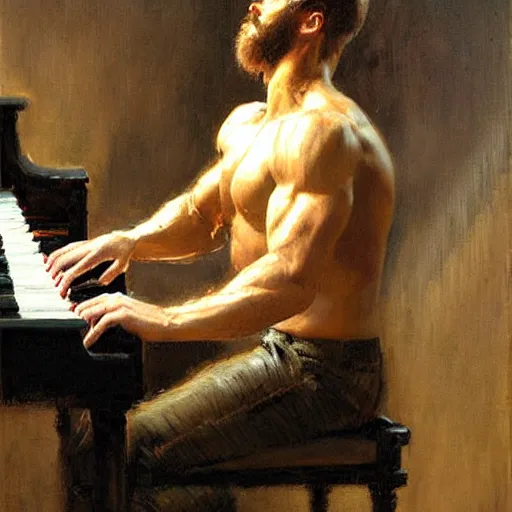 Image similar to a man playing piano, muscular, detailed face, correct face, painting by Gaston Bussiere, Craig Mullins