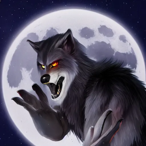 Image similar to male werewolf at night with black realistic fur, under the moon, ultra detail, anime style, 8 k