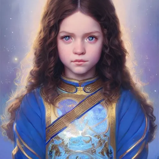 Image similar to a little girl with short wavy curly light brown hair and blue eyes, a space empress in byzantine style. beautiful highly detailed face, painting by artgerm and greg rutkowski and ilya kuvshinov.