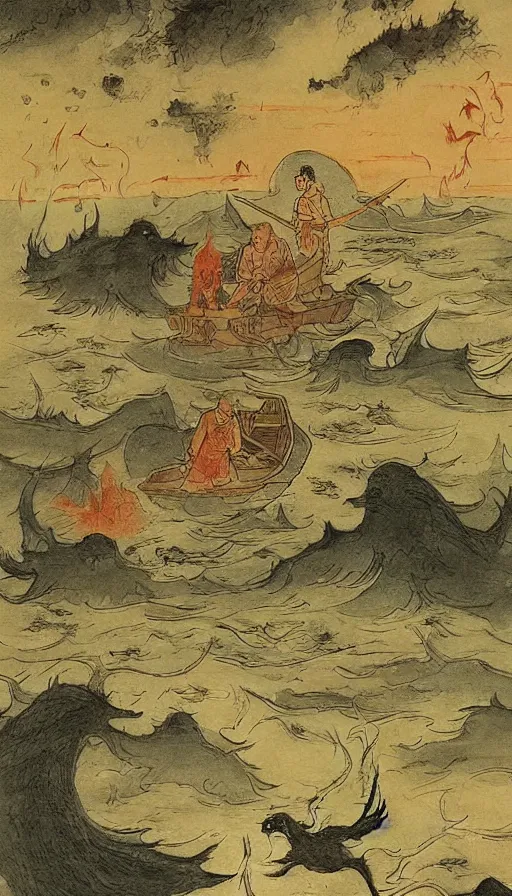 Image similar to man on boat crossing a body of water in hell with creatures in the water, sea of souls, by qian xuan