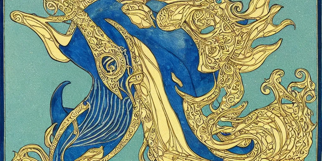 Image similar to whale, tarot style, art nouveau, gold filigree, painted, high detail,