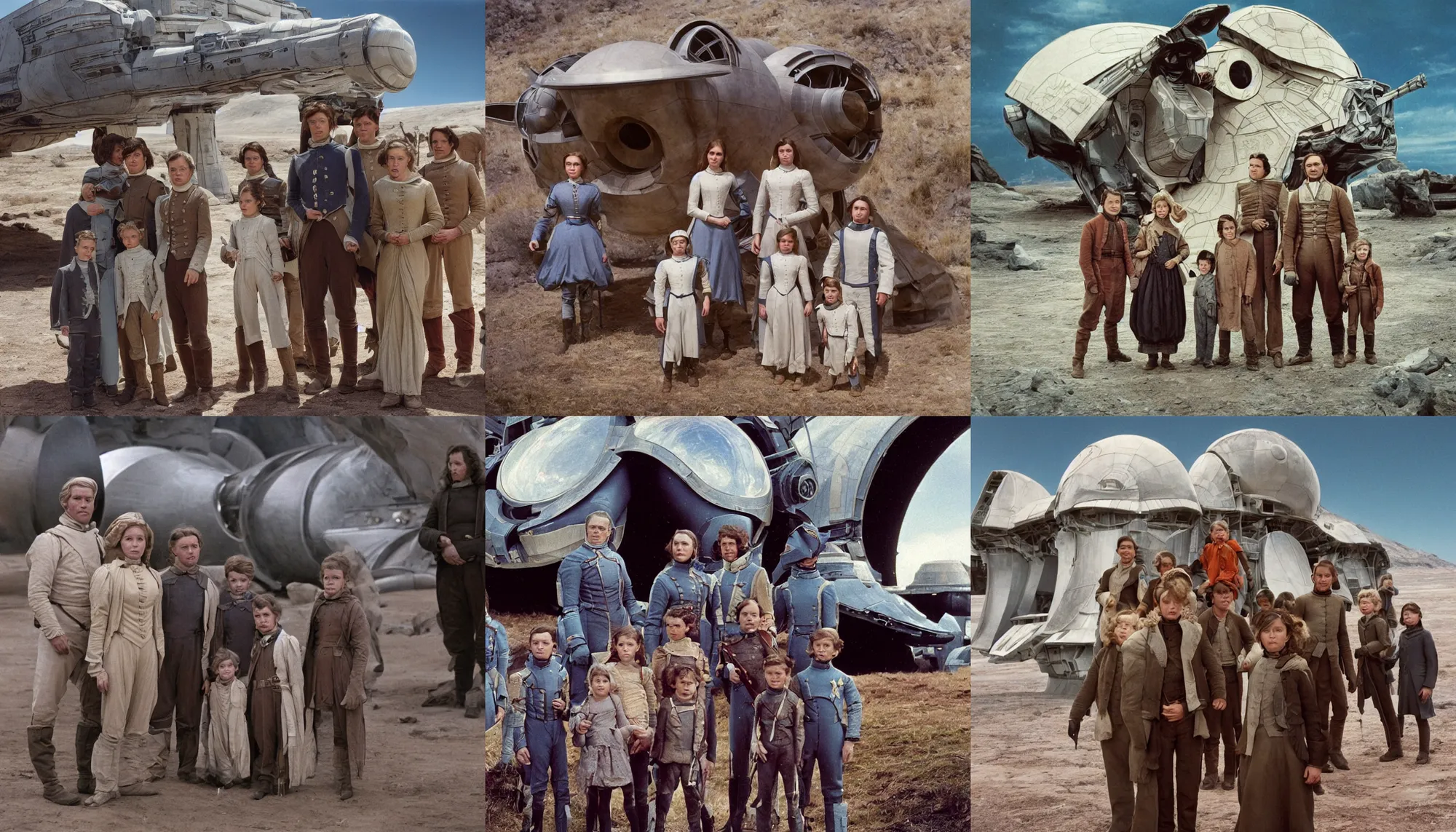 Prompt: highly detailed, 256435456k film, 1075200mm film still from a sci fi blockbuster color movie made in 2019, set in 1860, of a family standing in front of a spaceship that has just landed on an alien planet, the family are all wearing 1860s era clothes, good lighting, good photography, ultra high definition