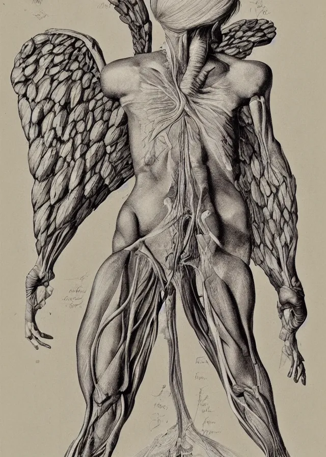 Image similar to a detailed biological anatomy of an angel, medical illustration