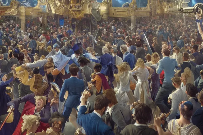 Prompt: a crowd throwing swords at a blond man in a blue suit, surrounded by a crowd, intricate, elegant, ultra realistic illustration, highly detailed, digital painting, artstation, concept art, smooth, sharp focus, illustration, art by artgerm and greg rutkowski and alphonse mucha