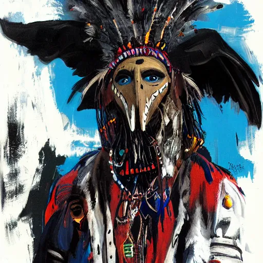 Image similar to painting of mobieus shaman wearing Raven mask comic cover art by ashley wood , 4K post processing