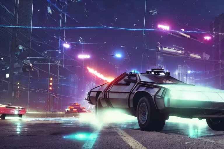 Image similar to photo of the back to the future combat delorean being chased by police on wet cyberpunk city streets at night, rocket league tank, mad max, action, speed, volumetric lighting, hdr, gta 5, makoto shinkai, syd mead, craig mullins, cinematic, fast and furious, octane, 8 k, iso 1 0 0, 1 2 mm