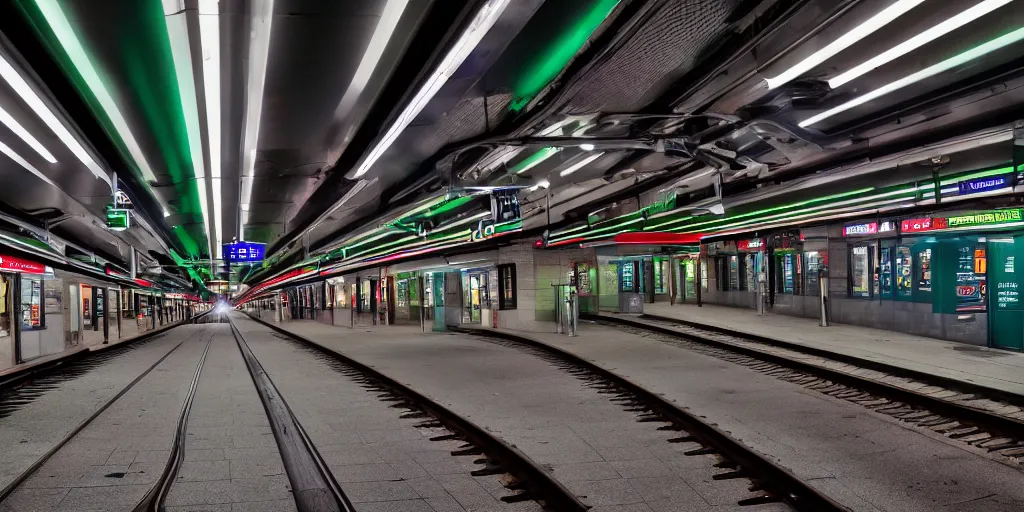 Prompt: empty subway station at night lit up by fluorescent, led and neon lights, night photography, 2 0 0 mm, f 4, canon