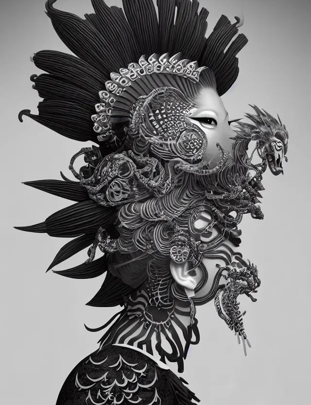 Image similar to 3 d goddess close - up profile portrait punk with mohawk with ram skull. beautiful intricately detailed japanese crow kitsune mask and clasical japanese kimono. betta fish, jellyfish phoenix, bio luminescent, plasma, ice, water, wind, creature, artwork by tooth wu and wlop and beeple and greg rutkowski